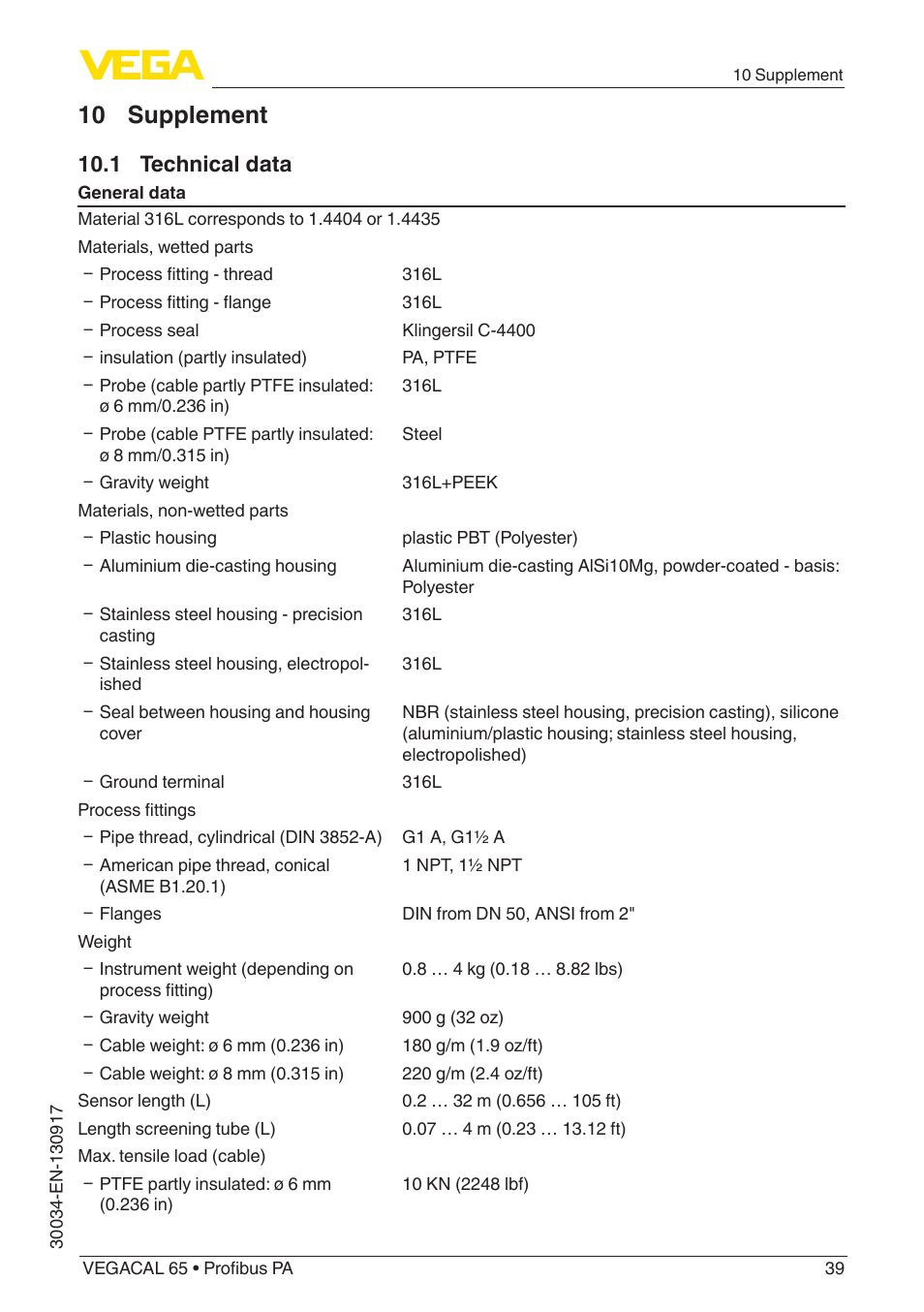 10 supplement, 1 technical data | VEGA VEGACAL 65 Profibus PA User Manual | Page 39 / 56