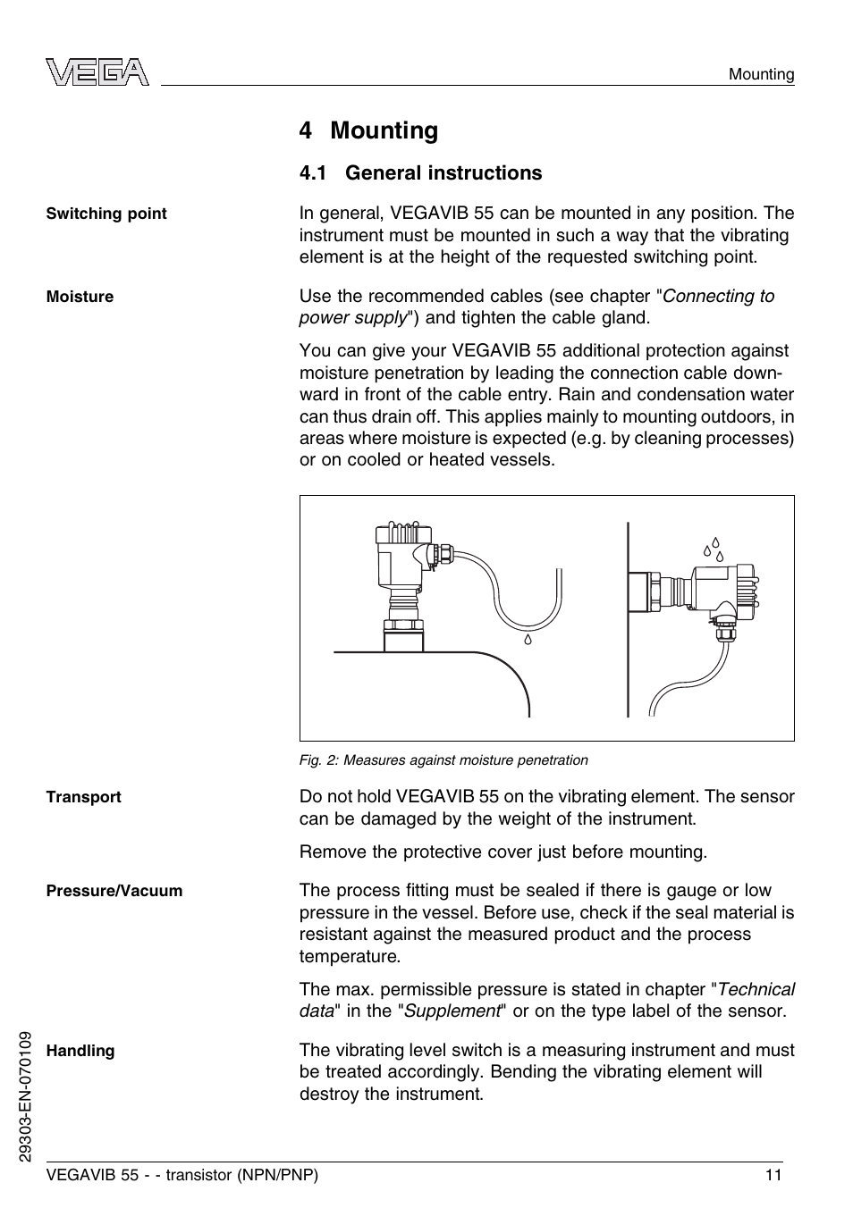 4 mounting, 1 general instructions | VEGA VEGAVIB 55 - transistor (NPN-PNP) User Manual | Page 11 / 32