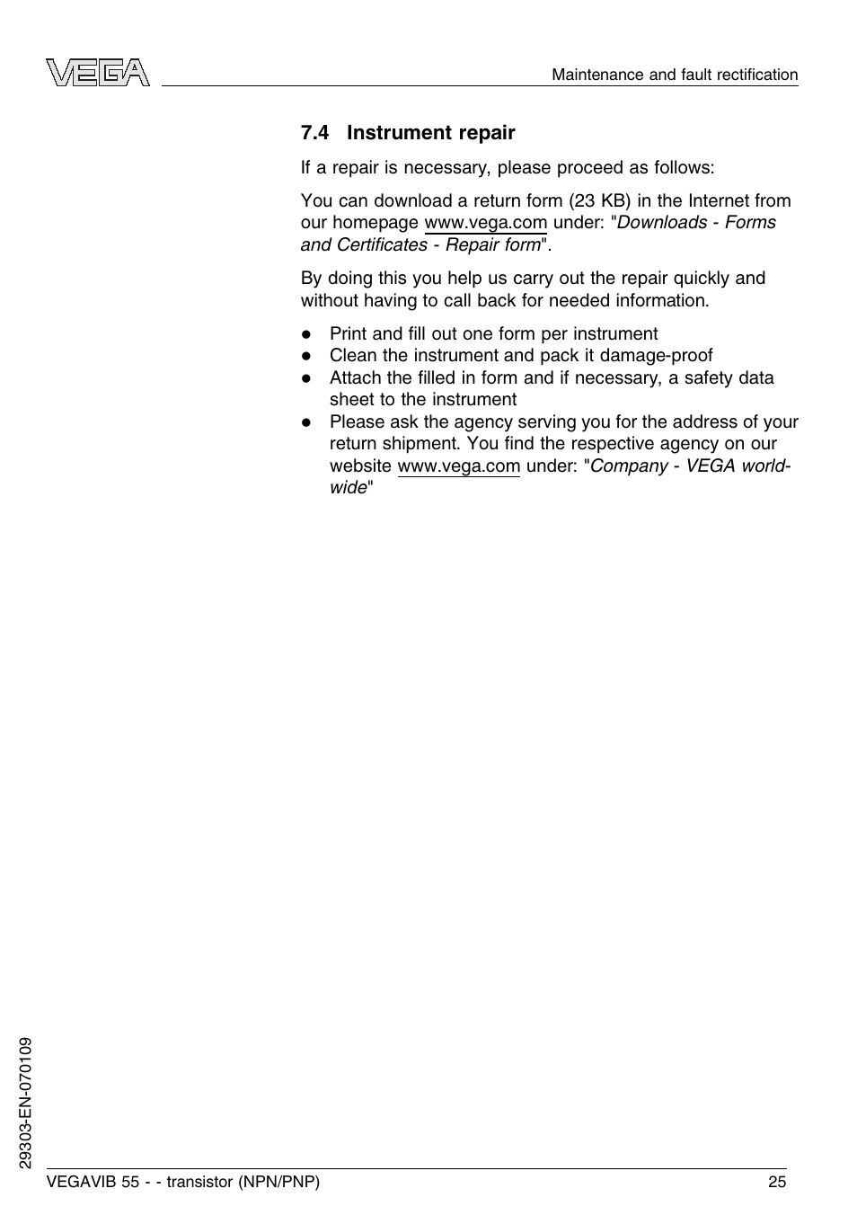 4 instrument repair | VEGA VEGAVIB 55 - transistor (NPN-PNP) User Manual | Page 25 / 32