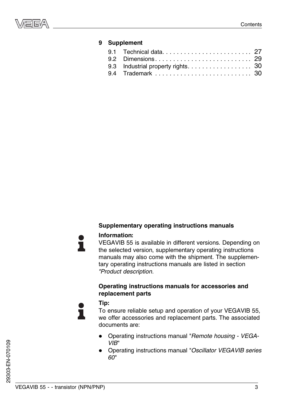 VEGA VEGAVIB 55 - transistor (NPN-PNP) User Manual | Page 3 / 32