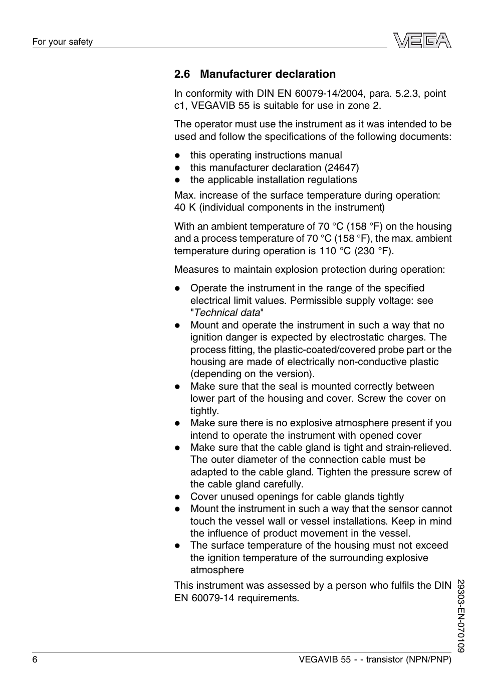 6 manufacturer declaration | VEGA VEGAVIB 55 - transistor (NPN-PNP) User Manual | Page 6 / 32