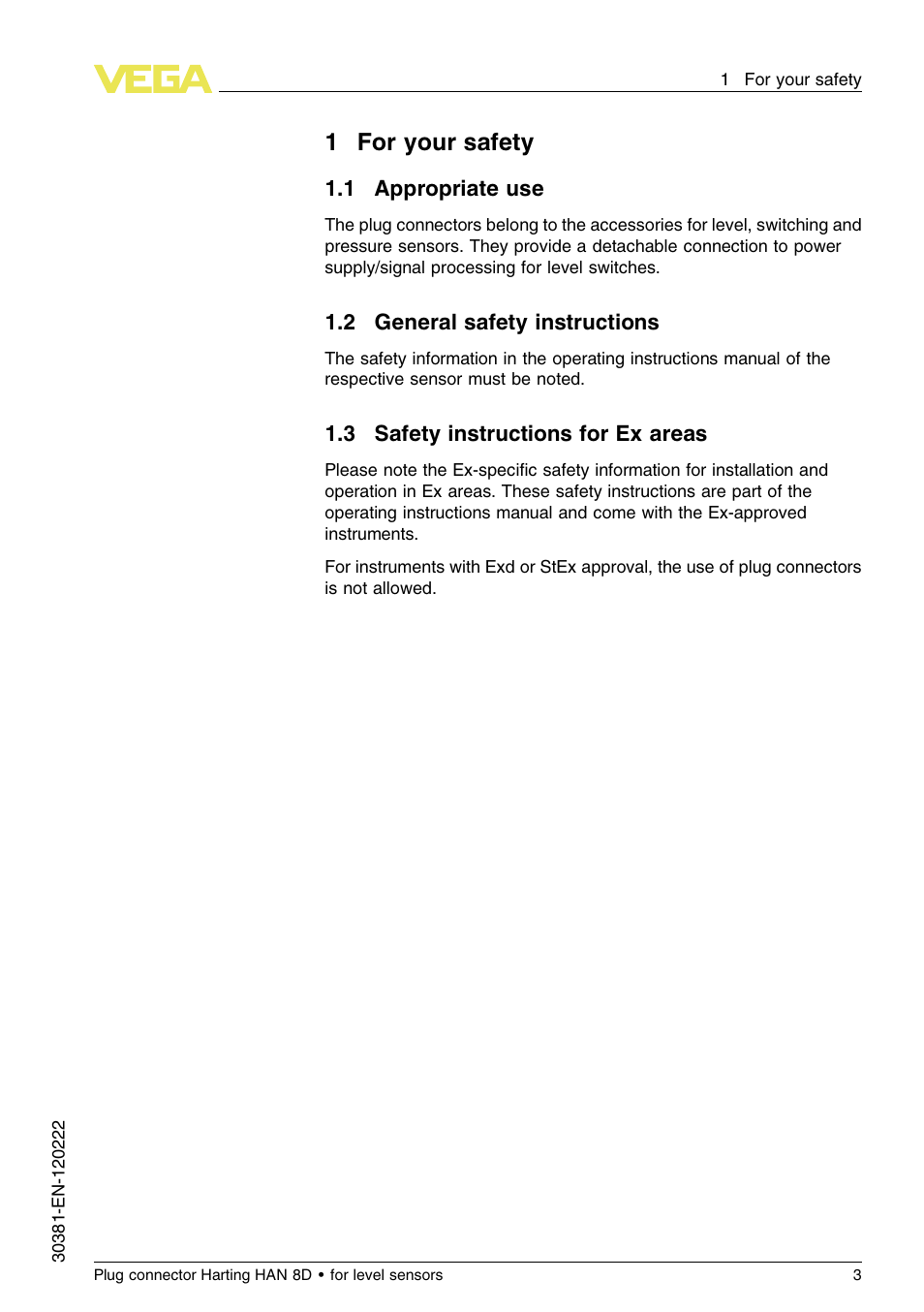 1 for your safety, 1 appropriate use, 2 general safety instructions | 3 safety instructions for ex areas, 1for your safety | VEGA Plug connector Harting HAN 8D for level sensors User Manual | Page 3 / 12