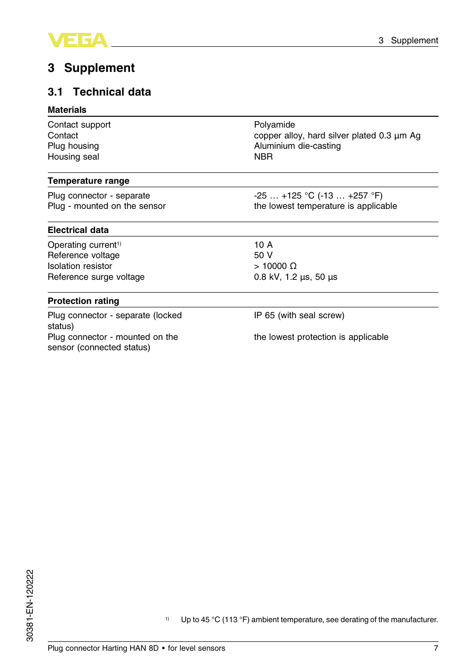 3 supplement, 1 technical data, 3supplement | VEGA Plug connector Harting HAN 8D for level sensors User Manual | Page 7 / 12