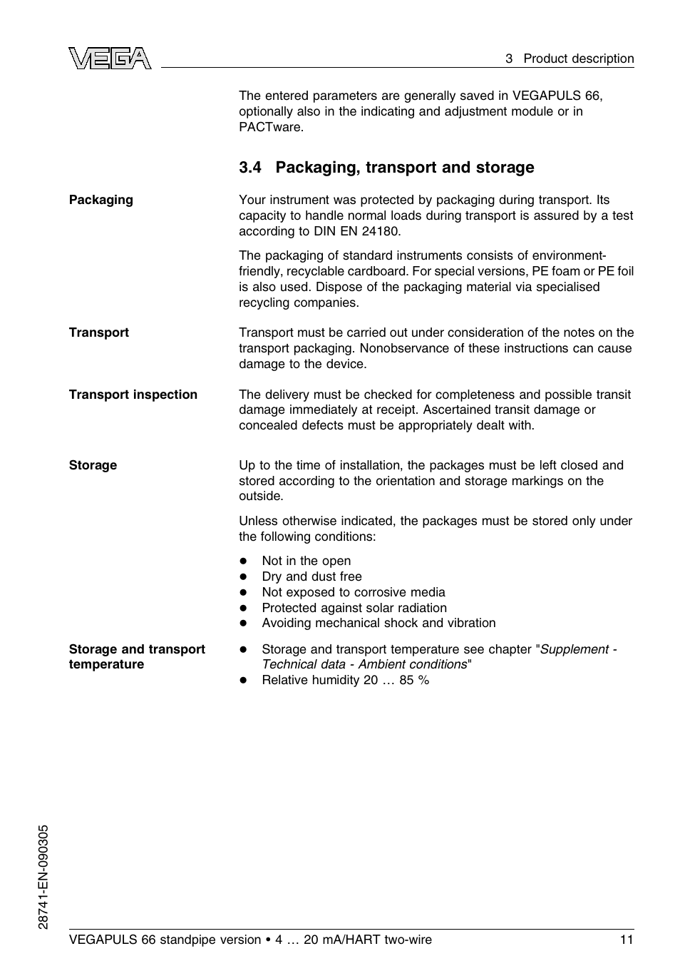 4 packaging, transport and storage | VEGA VEGAPULS 66 (≥ 2.0.0 - ≤ 3.8) standpipe ver. 4 … 20 mA_HART two-wire User Manual | Page 11 / 60