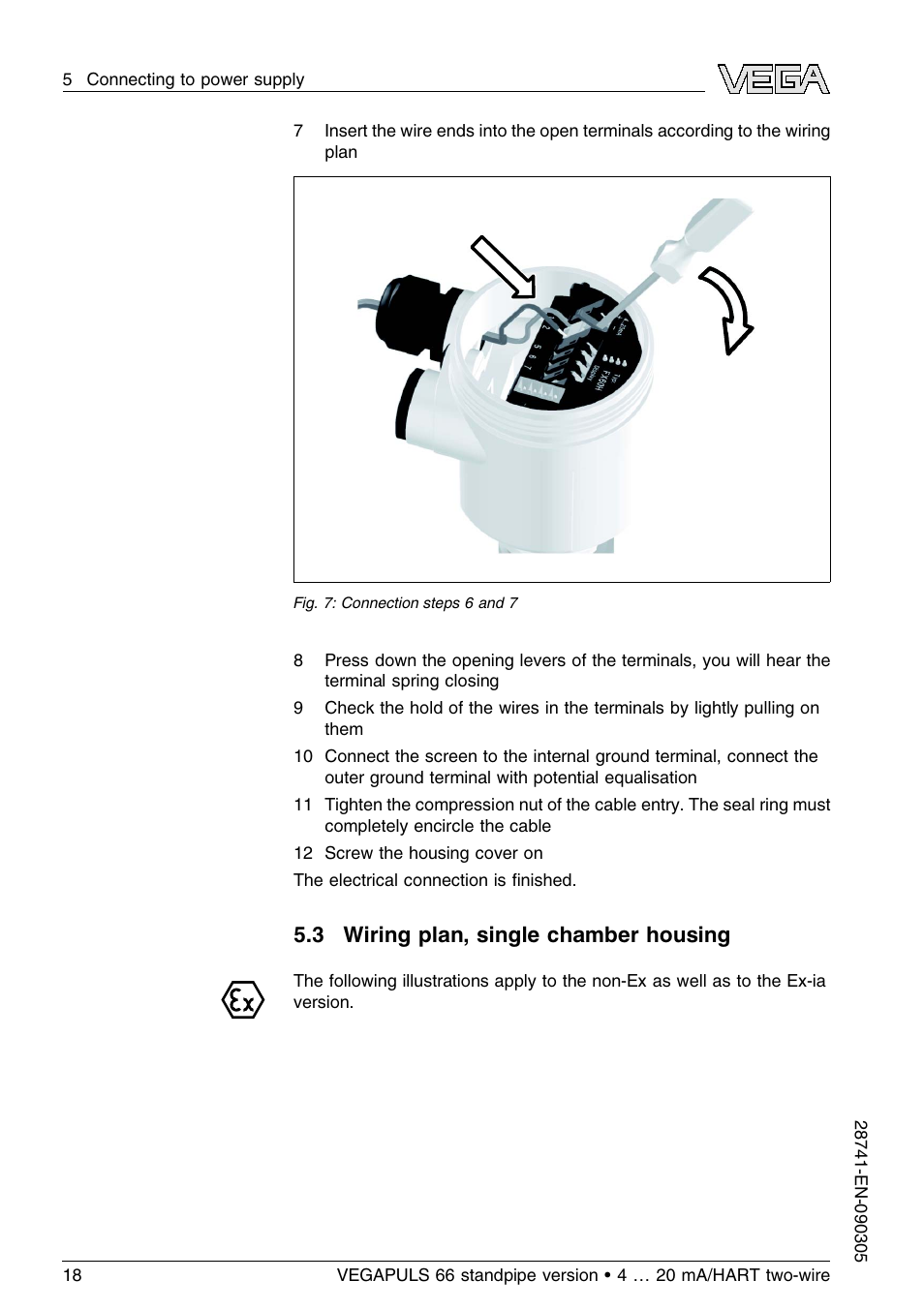 3 wiring plan, single chamber housing | VEGA VEGAPULS 66 (≥ 2.0.0 - ≤ 3.8) standpipe ver. 4 … 20 mA_HART two-wire User Manual | Page 18 / 60