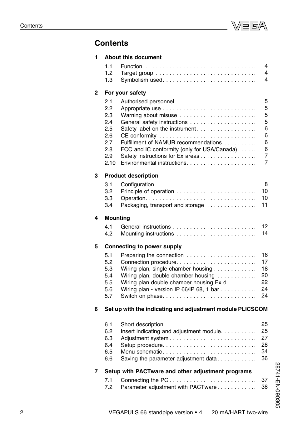 VEGA VEGAPULS 66 (≥ 2.0.0 - ≤ 3.8) standpipe ver. 4 … 20 mA_HART two-wire User Manual | Page 2 / 60