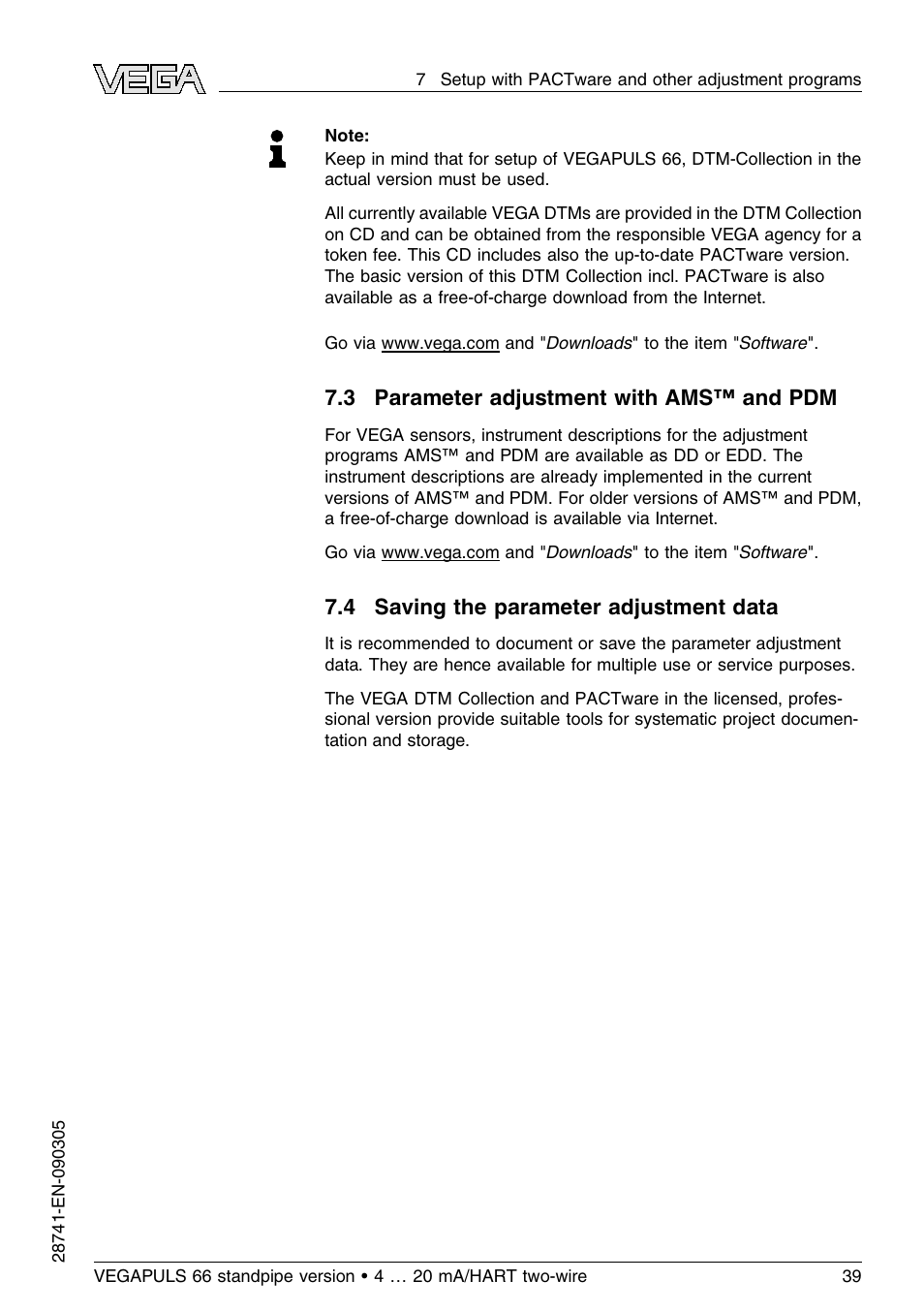 3 parameter adjustment with ams™ and pdm, 4 saving the parameter adjustment data | VEGA VEGAPULS 66 (≥ 2.0.0 - ≤ 3.8) standpipe ver. 4 … 20 mA_HART two-wire User Manual | Page 39 / 60