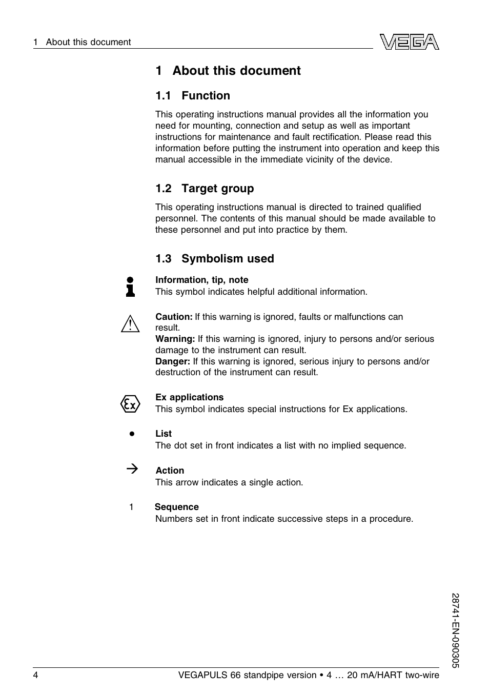 1 about this document, 1 function, 2 target group | 3 symbolism used | VEGA VEGAPULS 66 (≥ 2.0.0 - ≤ 3.8) standpipe ver. 4 … 20 mA_HART two-wire User Manual | Page 4 / 60