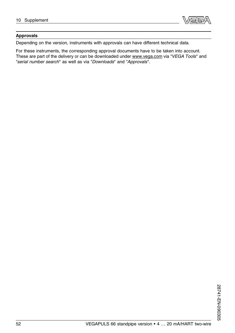 VEGA VEGAPULS 66 (≥ 2.0.0 - ≤ 3.8) standpipe ver. 4 … 20 mA_HART two-wire User Manual | Page 52 / 60