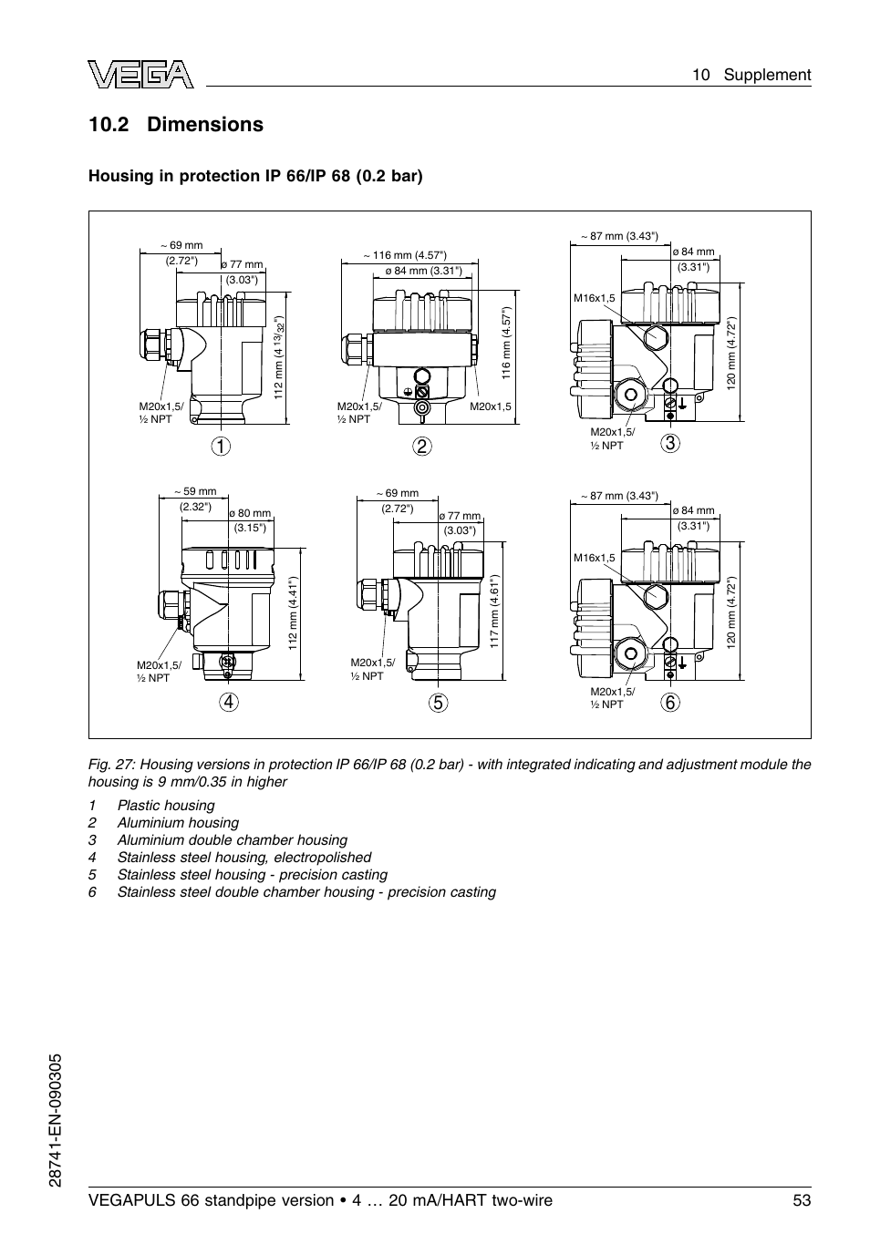 2 dimensions | VEGA VEGAPULS 66 (≥ 2.0.0 - ≤ 3.8) standpipe ver. 4 … 20 mA_HART two-wire User Manual | Page 53 / 60