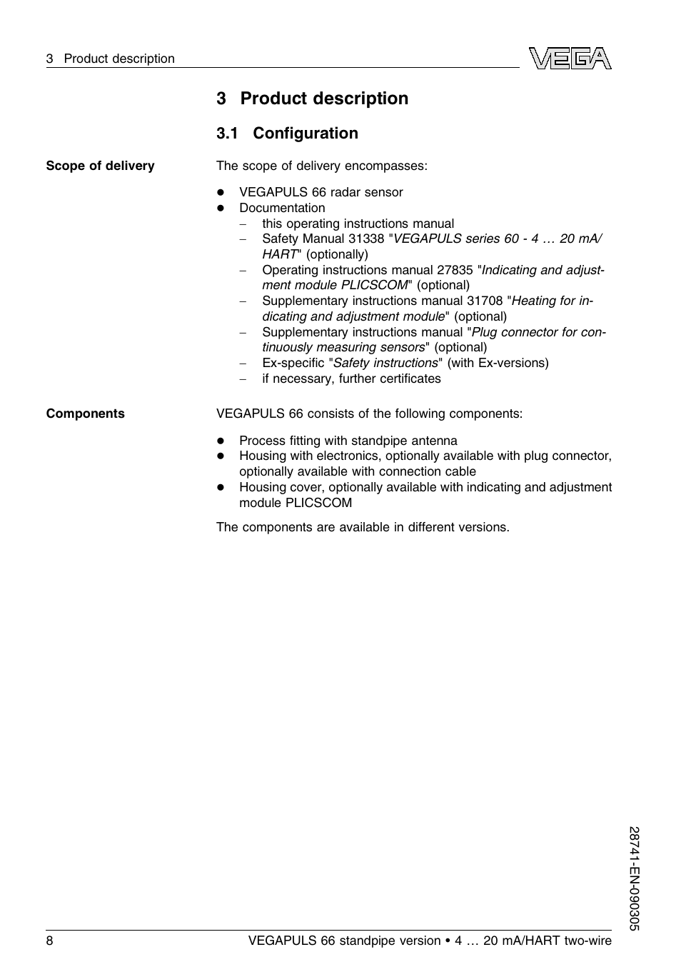 3 product description, 1 configuration, 1 conﬁguration | VEGA VEGAPULS 66 (≥ 2.0.0 - ≤ 3.8) standpipe ver. 4 … 20 mA_HART two-wire User Manual | Page 8 / 60