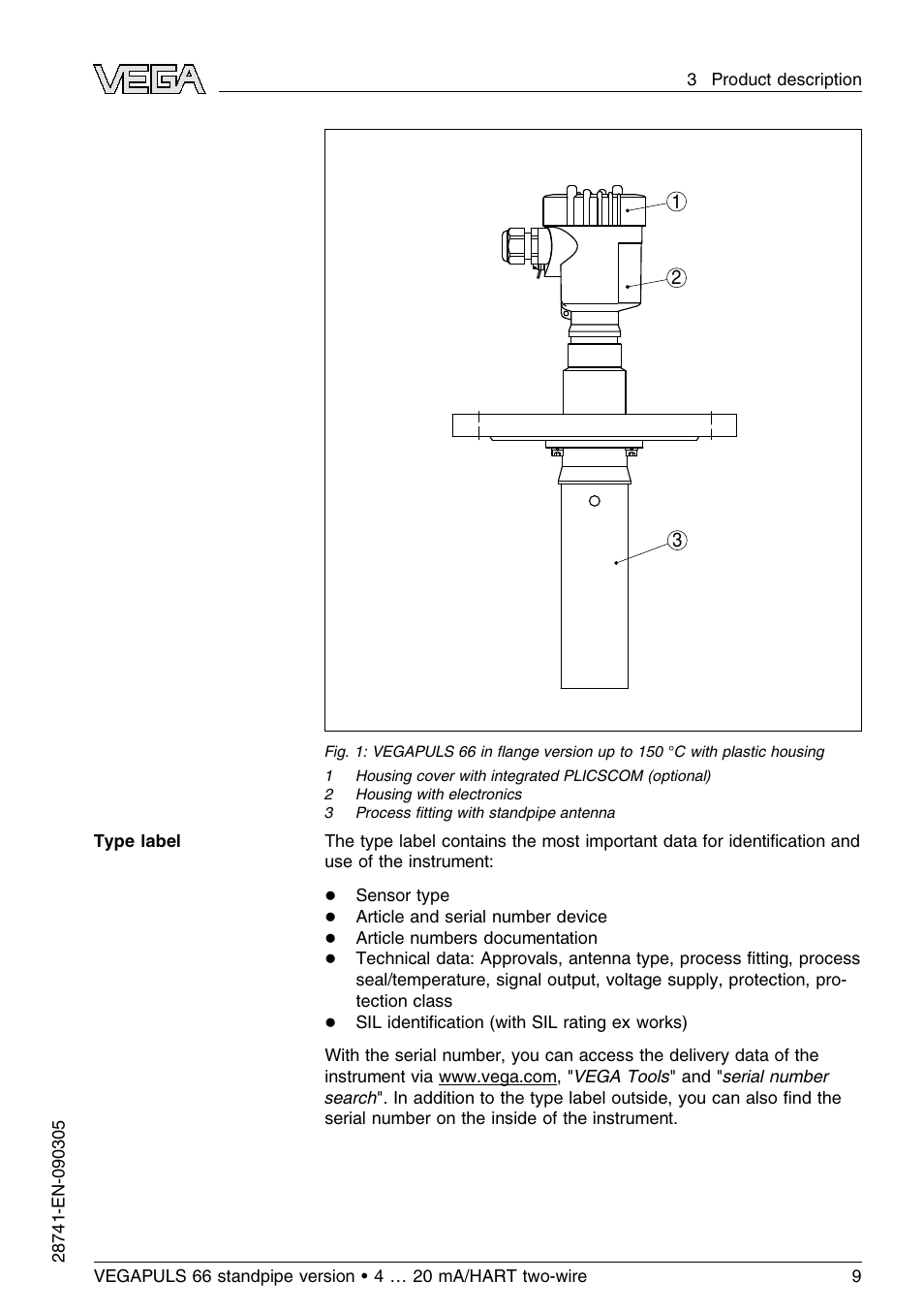 VEGA VEGAPULS 66 (≥ 2.0.0 - ≤ 3.8) standpipe ver. 4 … 20 mA_HART two-wire User Manual | Page 9 / 60