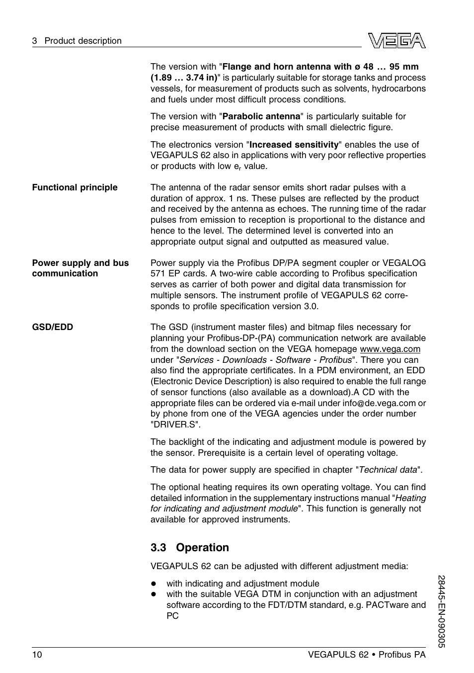 3 operation | VEGA VEGAPULS 62 (≥ 2.0.0 - ≤ 3.8) Proﬁbus PA User Manual | Page 10 / 84