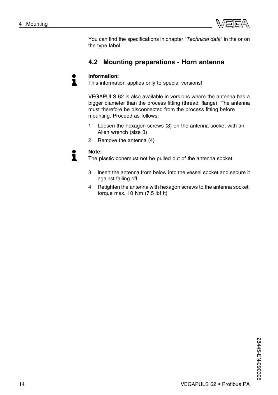 2 mounting preparations – horn antenna, 2 mounting preparations - horn antenna | VEGA VEGAPULS 62 (≥ 2.0.0 - ≤ 3.8) Proﬁbus PA User Manual | Page 14 / 84