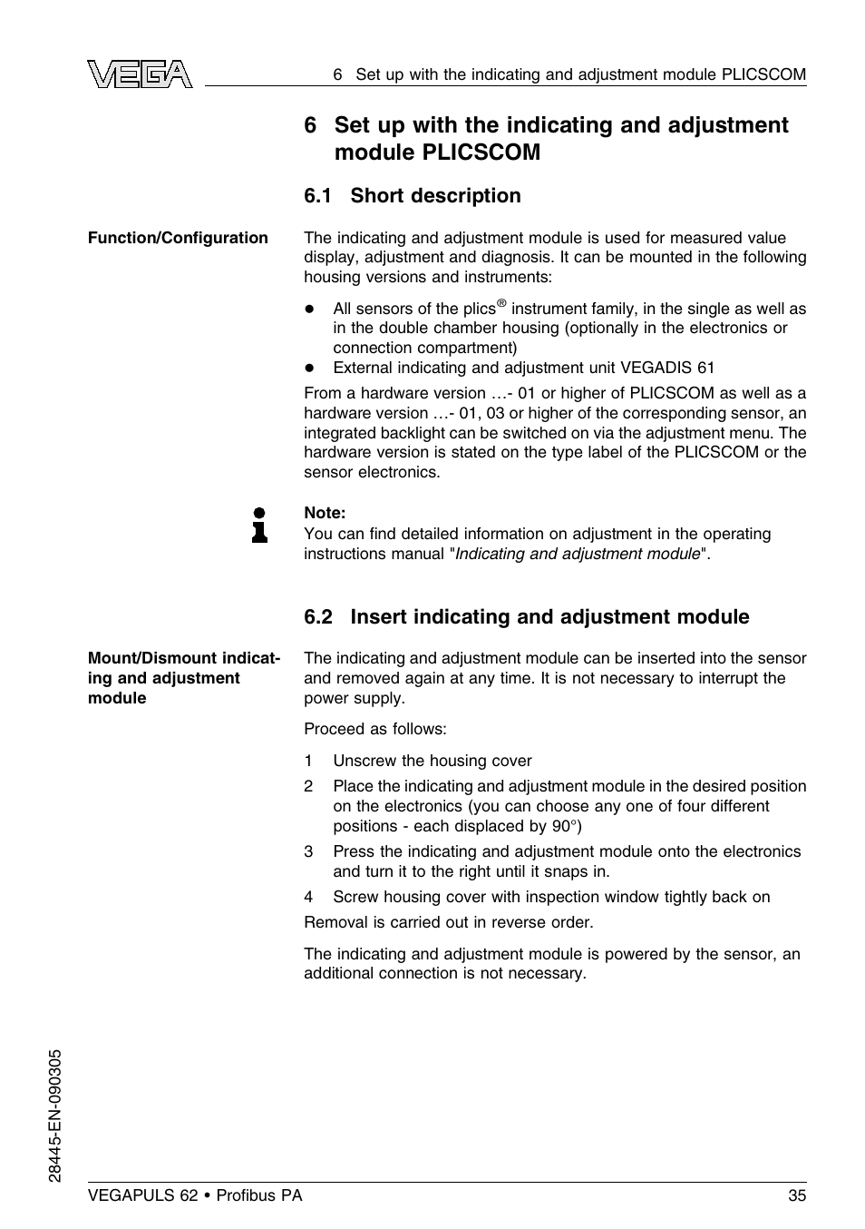 1 short description, 2 insert indicating and adjustment module | VEGA VEGAPULS 62 (≥ 2.0.0 - ≤ 3.8) Proﬁbus PA User Manual | Page 35 / 84