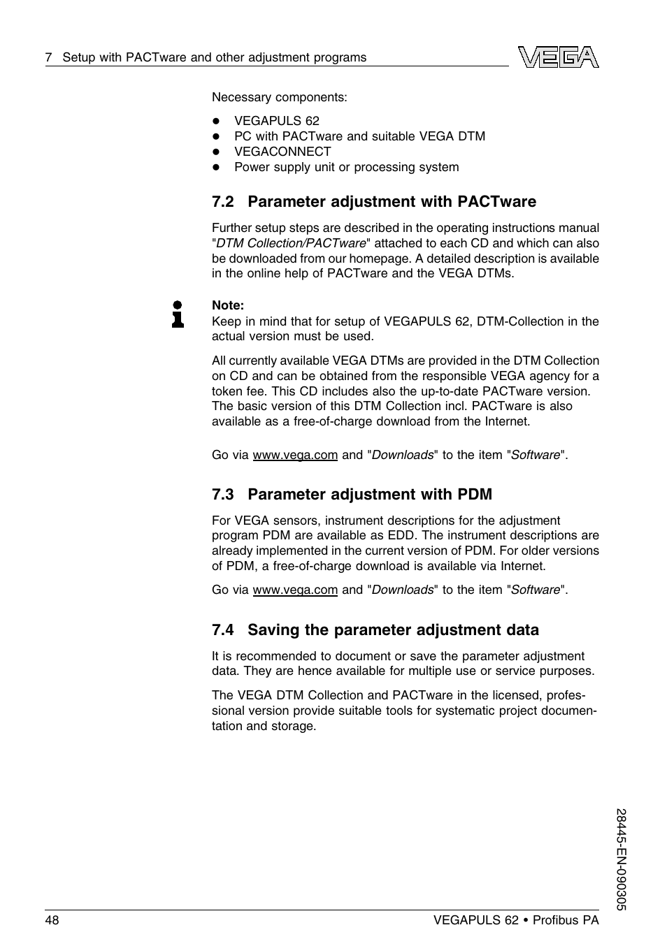 2 parameter adjustment with pactware, 3 parameter adjustment with pdm, 4 saving the parameter adjustment data | VEGA VEGAPULS 62 (≥ 2.0.0 - ≤ 3.8) Proﬁbus PA User Manual | Page 48 / 84