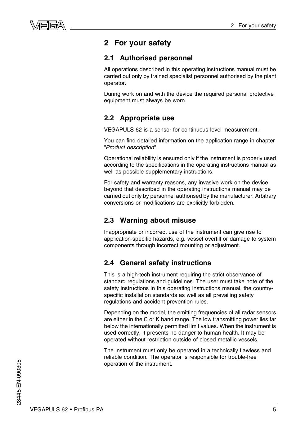 2 for your safety, 1 authorised personnel, 2 appropriate use | 3 warning about misuse, 4 general safety instructions | VEGA VEGAPULS 62 (≥ 2.0.0 - ≤ 3.8) Proﬁbus PA User Manual | Page 5 / 84