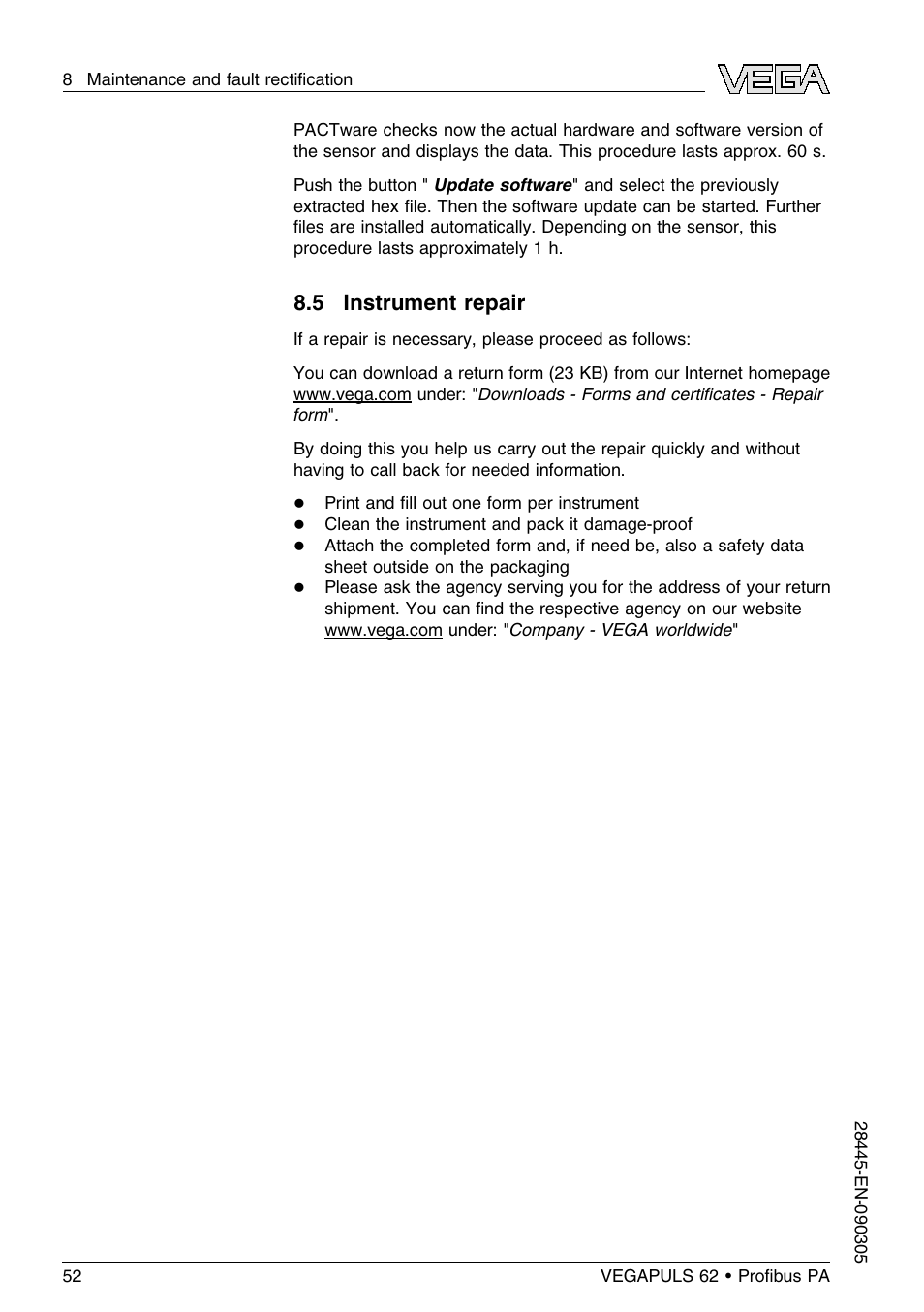 5 instrument repair | VEGA VEGAPULS 62 (≥ 2.0.0 - ≤ 3.8) Proﬁbus PA User Manual | Page 52 / 84