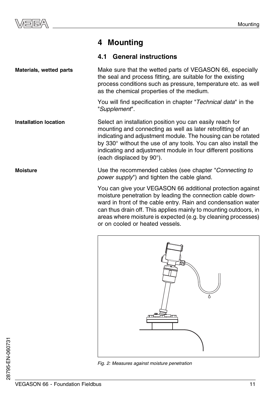 4 mounting, 1 general instructions | VEGA VEGASON 66 Foundation Fieldbus User Manual | Page 11 / 60