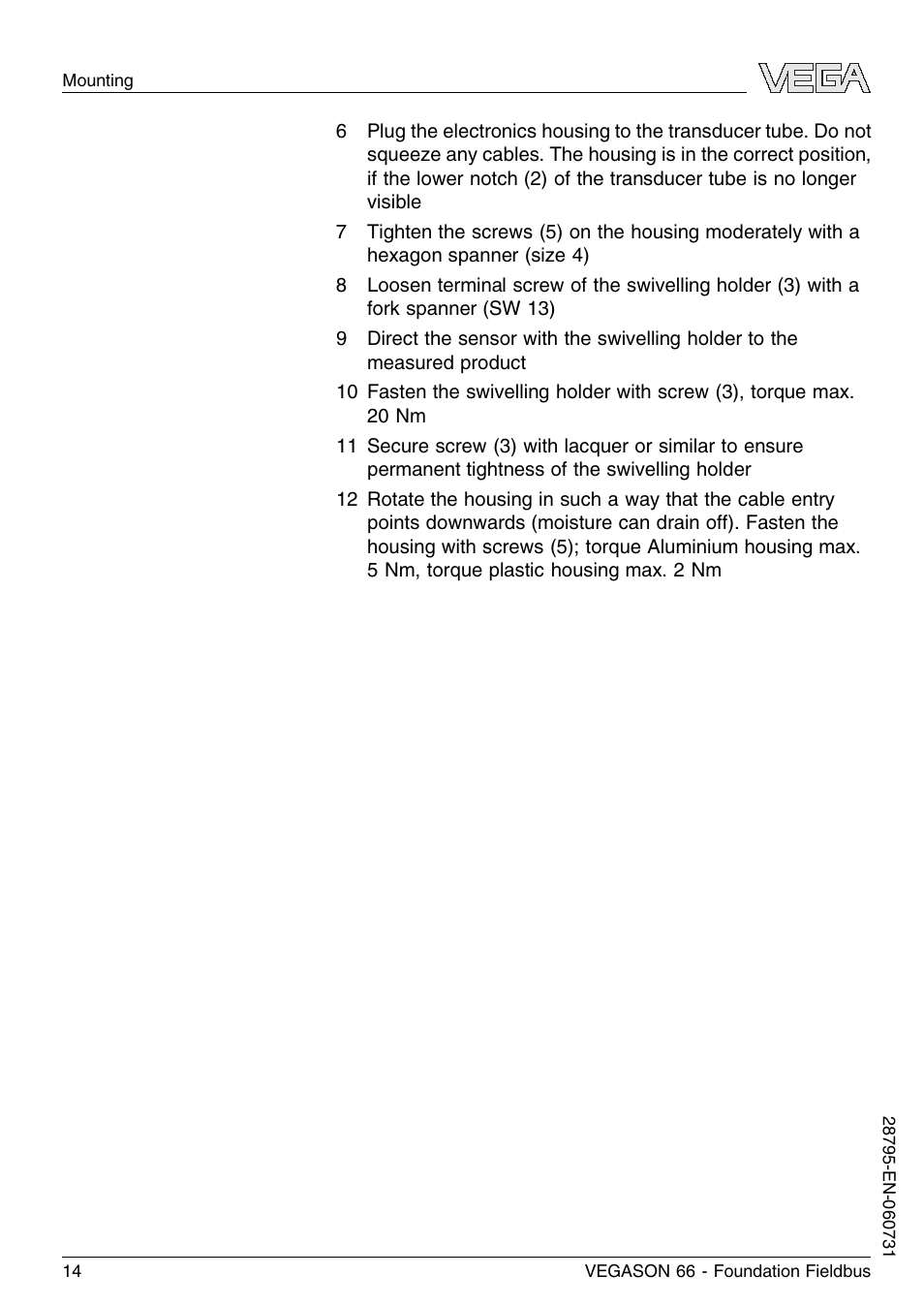 VEGA VEGASON 66 Foundation Fieldbus User Manual | Page 14 / 60