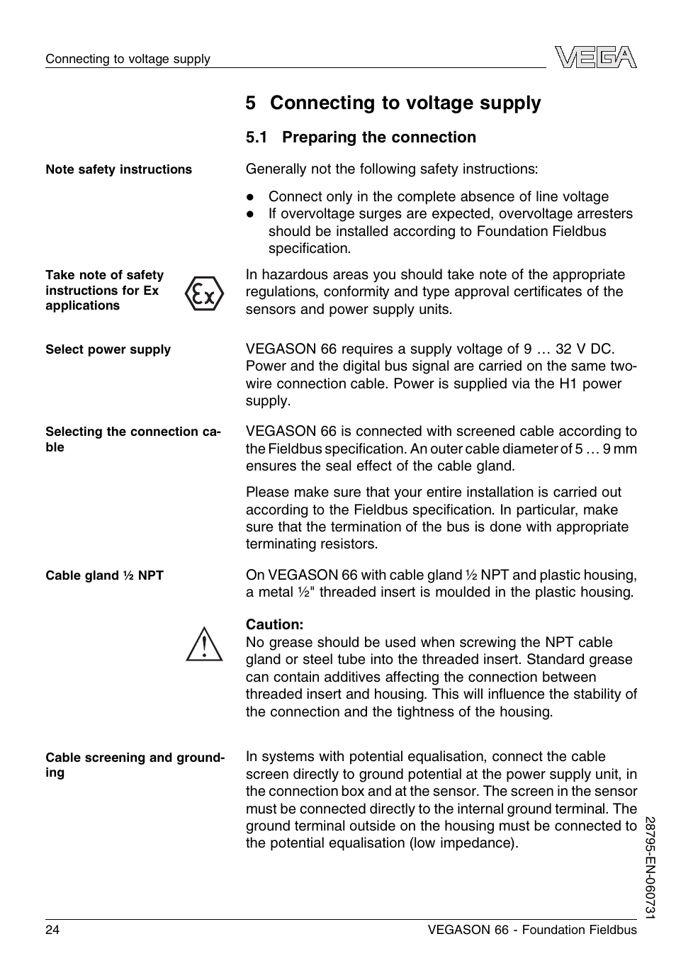 5 connecting to voltage supply, 1 preparing the connection | VEGA VEGASON 66 Foundation Fieldbus User Manual | Page 24 / 60