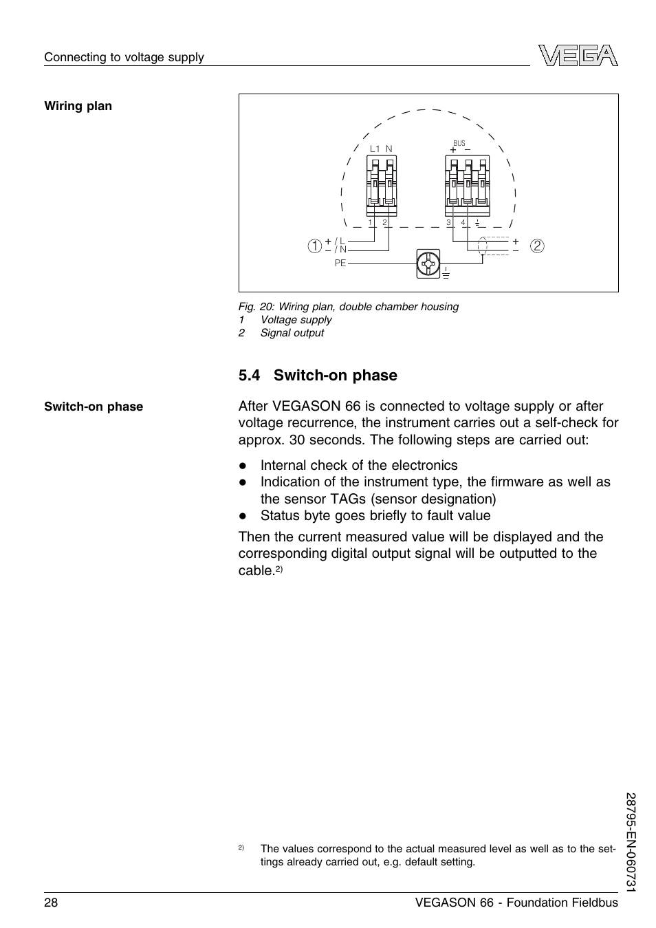 4 switch–on phase, 4 switch-on phase, Internal check of the electronics | VEGA VEGASON 66 Foundation Fieldbus User Manual | Page 28 / 60