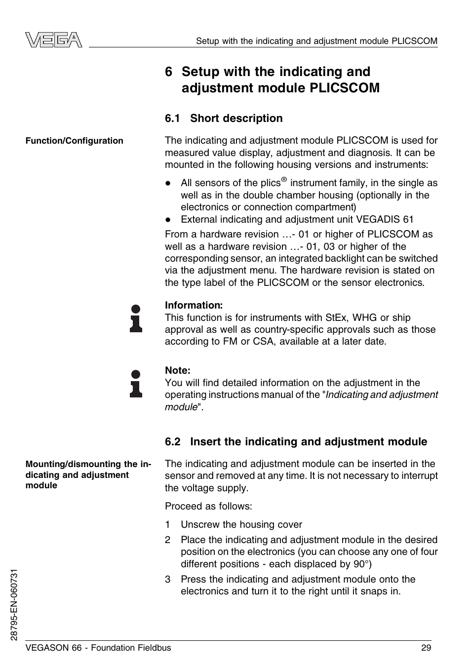 1 short description, 2 insert the indicating and adjustment module | VEGA VEGASON 66 Foundation Fieldbus User Manual | Page 29 / 60