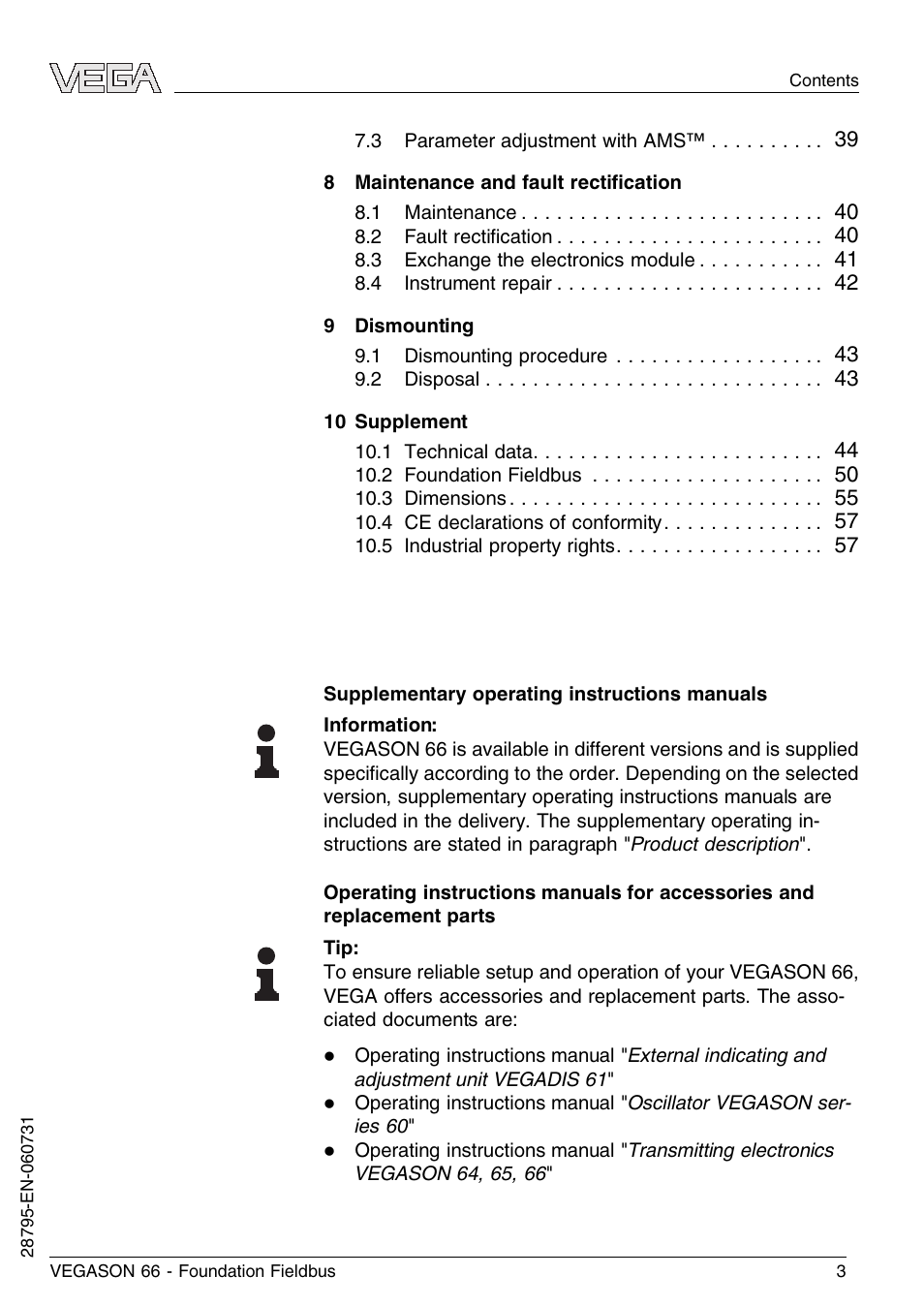 VEGA VEGASON 66 Foundation Fieldbus User Manual | Page 3 / 60