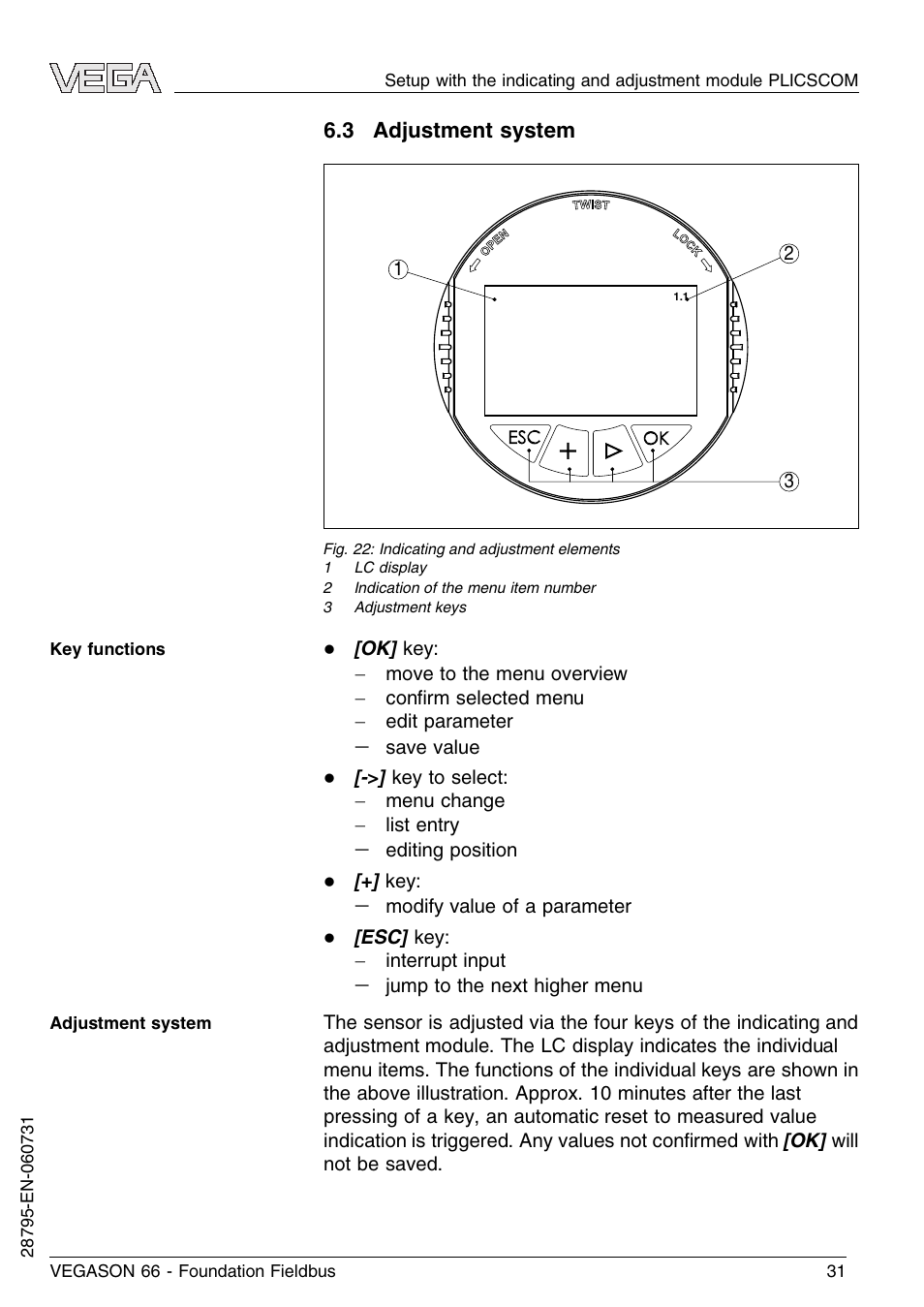 3 adjustment system | VEGA VEGASON 66 Foundation Fieldbus User Manual | Page 31 / 60