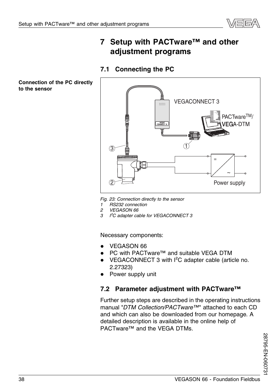 1 connecting the pc, 2 parameter adjustment with pactware | VEGA VEGASON 66 Foundation Fieldbus User Manual | Page 38 / 60