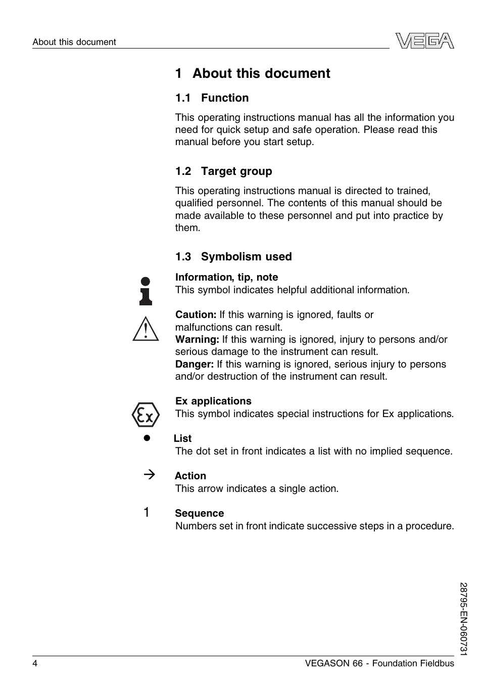 1 about this document, 1 function, 2 target group | 3 symbolism used | VEGA VEGASON 66 Foundation Fieldbus User Manual | Page 4 / 60