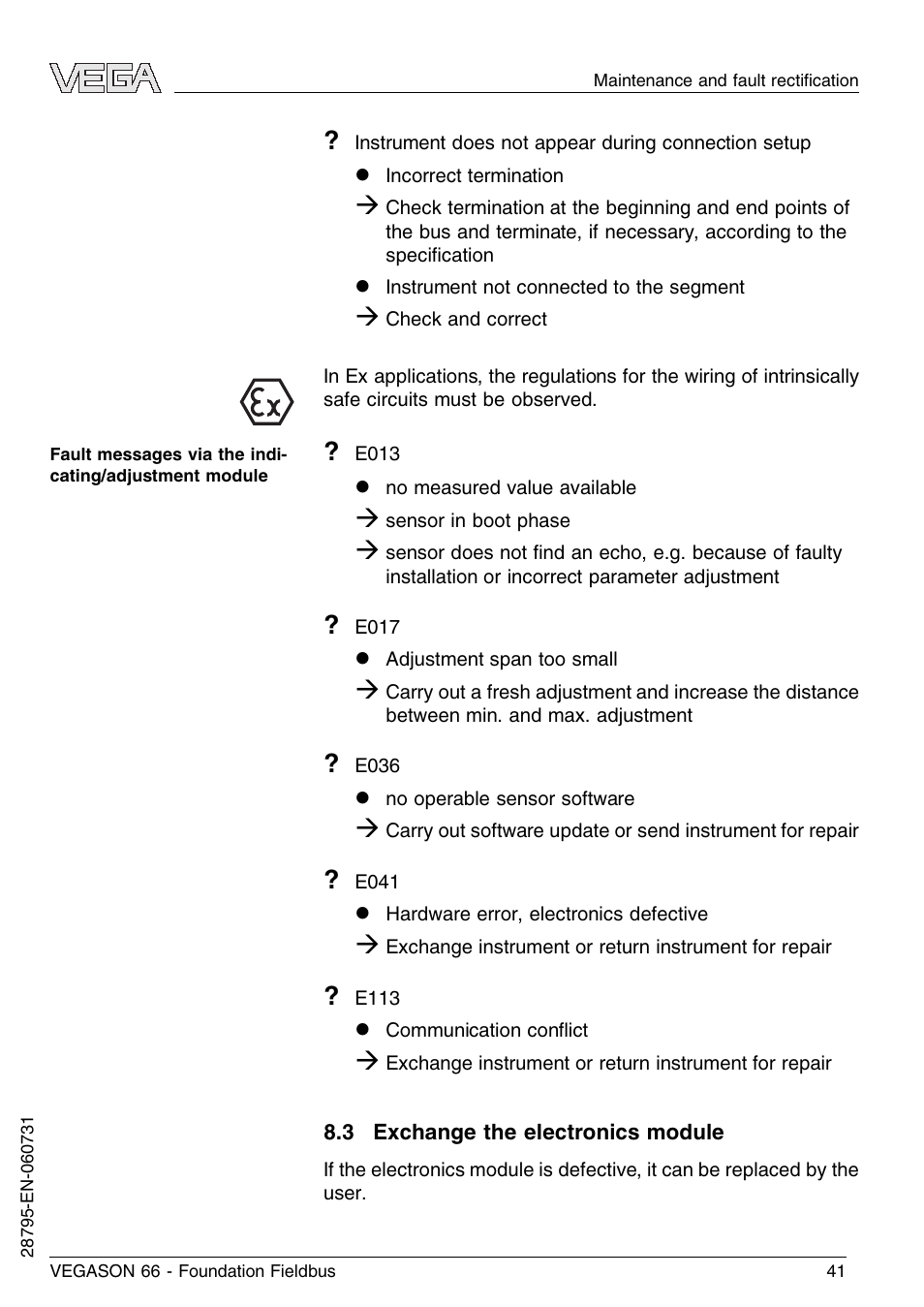 3 exchange the electronics module | VEGA VEGASON 66 Foundation Fieldbus User Manual | Page 41 / 60