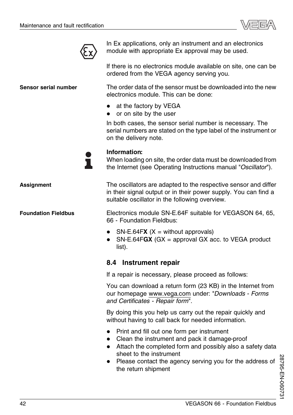 4 instrument repair | VEGA VEGASON 66 Foundation Fieldbus User Manual | Page 42 / 60