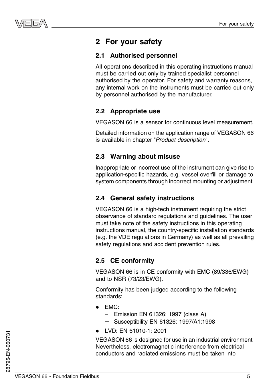 2 for your safety, 1 authorised personnel, 2 appropriate use | 3 warning about misuse, 4 general safety instructions, 5 ce conformity | VEGA VEGASON 66 Foundation Fieldbus User Manual | Page 5 / 60