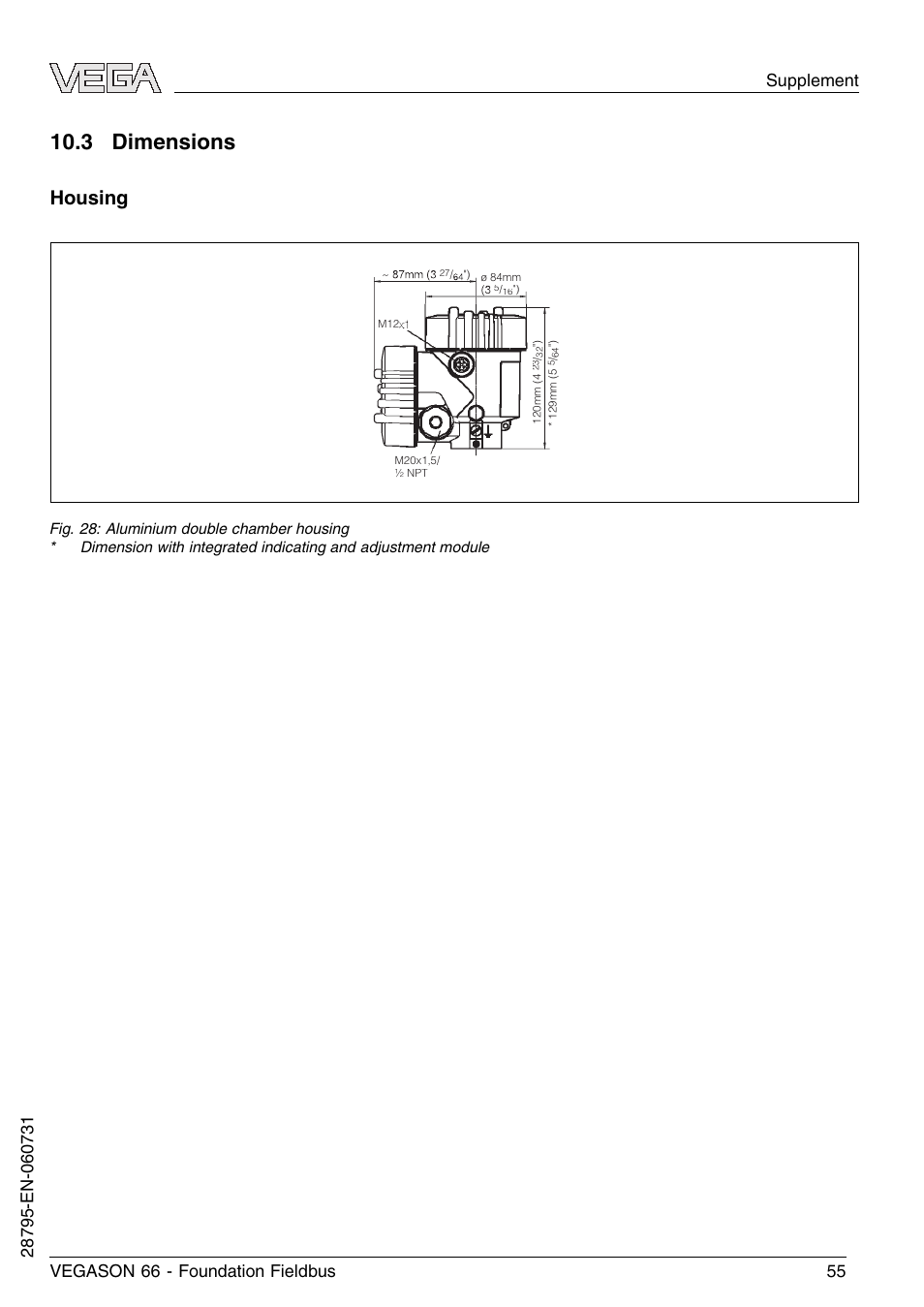 3 dimensions, Housing, Supplement vegason 66 - foundation fieldbus 55 | VEGA VEGASON 66 Foundation Fieldbus User Manual | Page 55 / 60