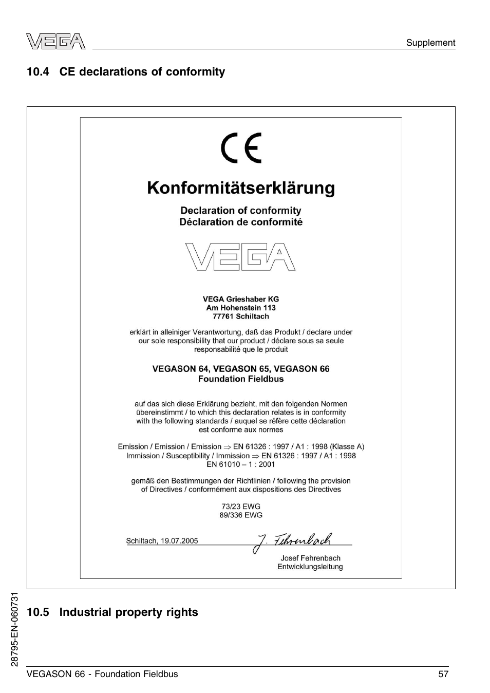 4 ce declarations of conformity, 5 industrial property rights | VEGA VEGASON 66 Foundation Fieldbus User Manual | Page 57 / 60