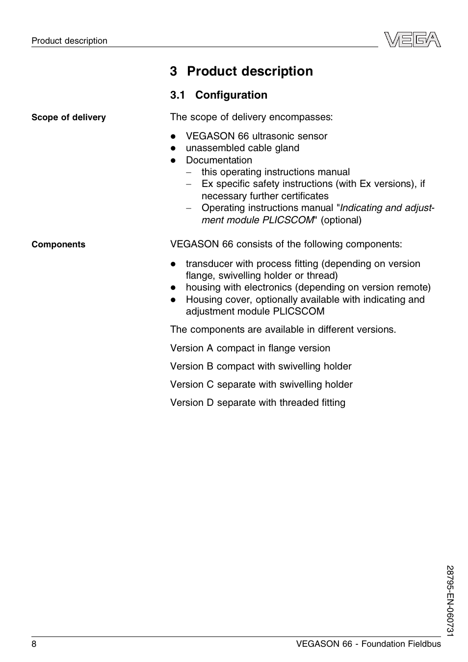 3 product description, 1 configuration | VEGA VEGASON 66 Foundation Fieldbus User Manual | Page 8 / 60