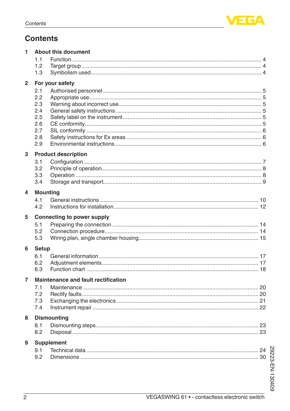 VEGA VEGASWING 61 - contactless electronic switch User Manual | Page 2 / 36