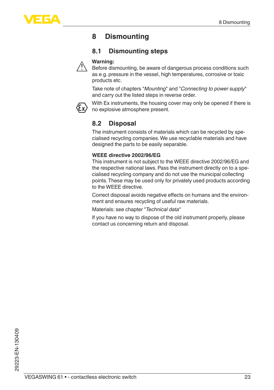 8 dismounting, 1 dismounting steps, 2 disposal | VEGA VEGASWING 61 - contactless electronic switch User Manual | Page 23 / 36