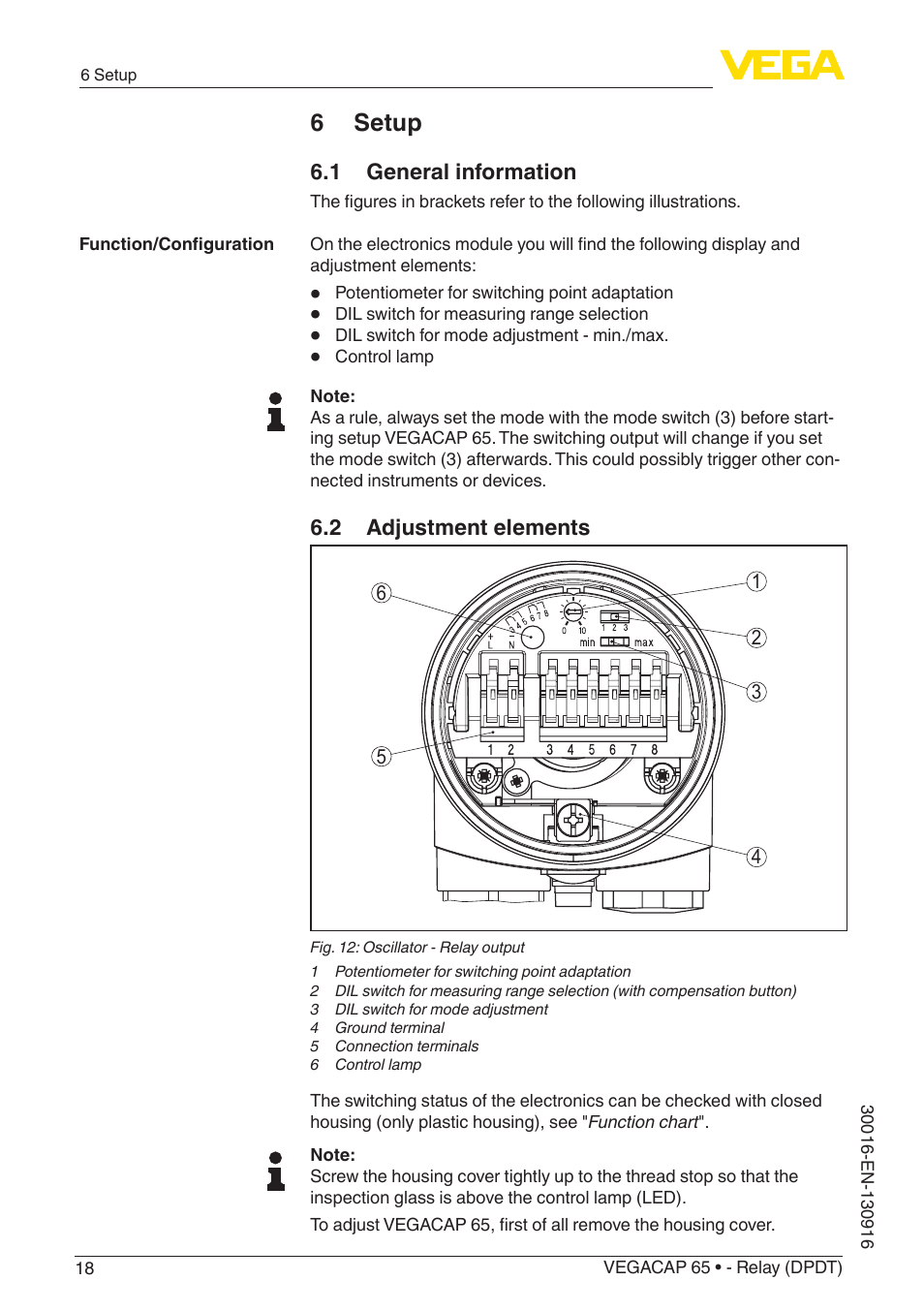 6 setup, 1 general information, 2 adjustment elements | VEGA VEGACAP 65 - Relay (DPDT) User Manual | Page 18 / 40