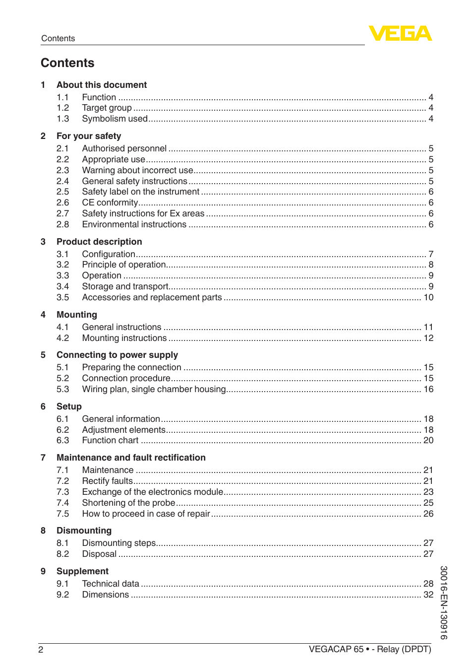 VEGA VEGACAP 65 - Relay (DPDT) User Manual | Page 2 / 40
