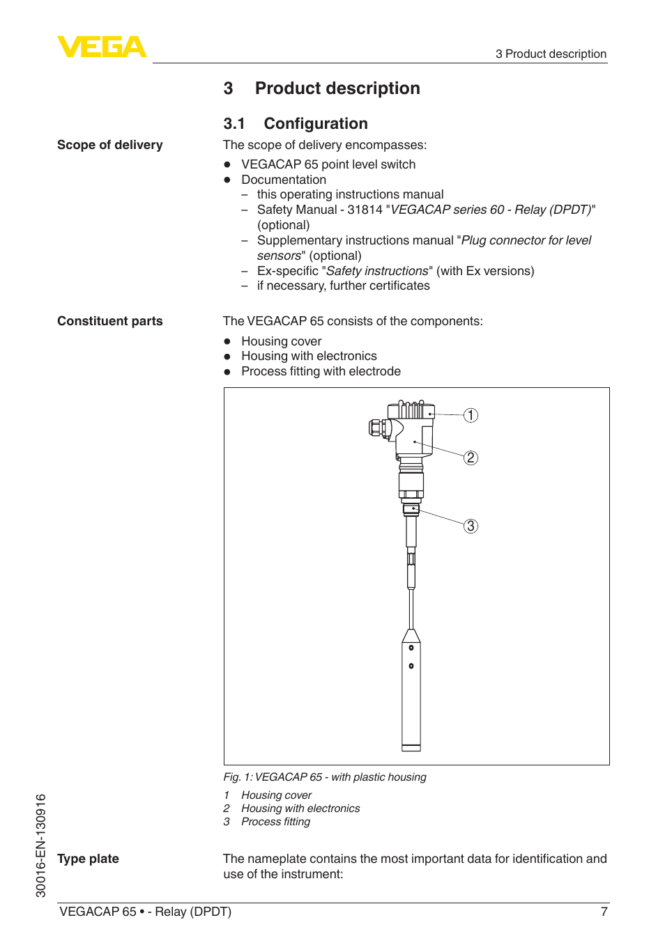 3 product description, 1 configuration | VEGA VEGACAP 65 - Relay (DPDT) User Manual | Page 7 / 40