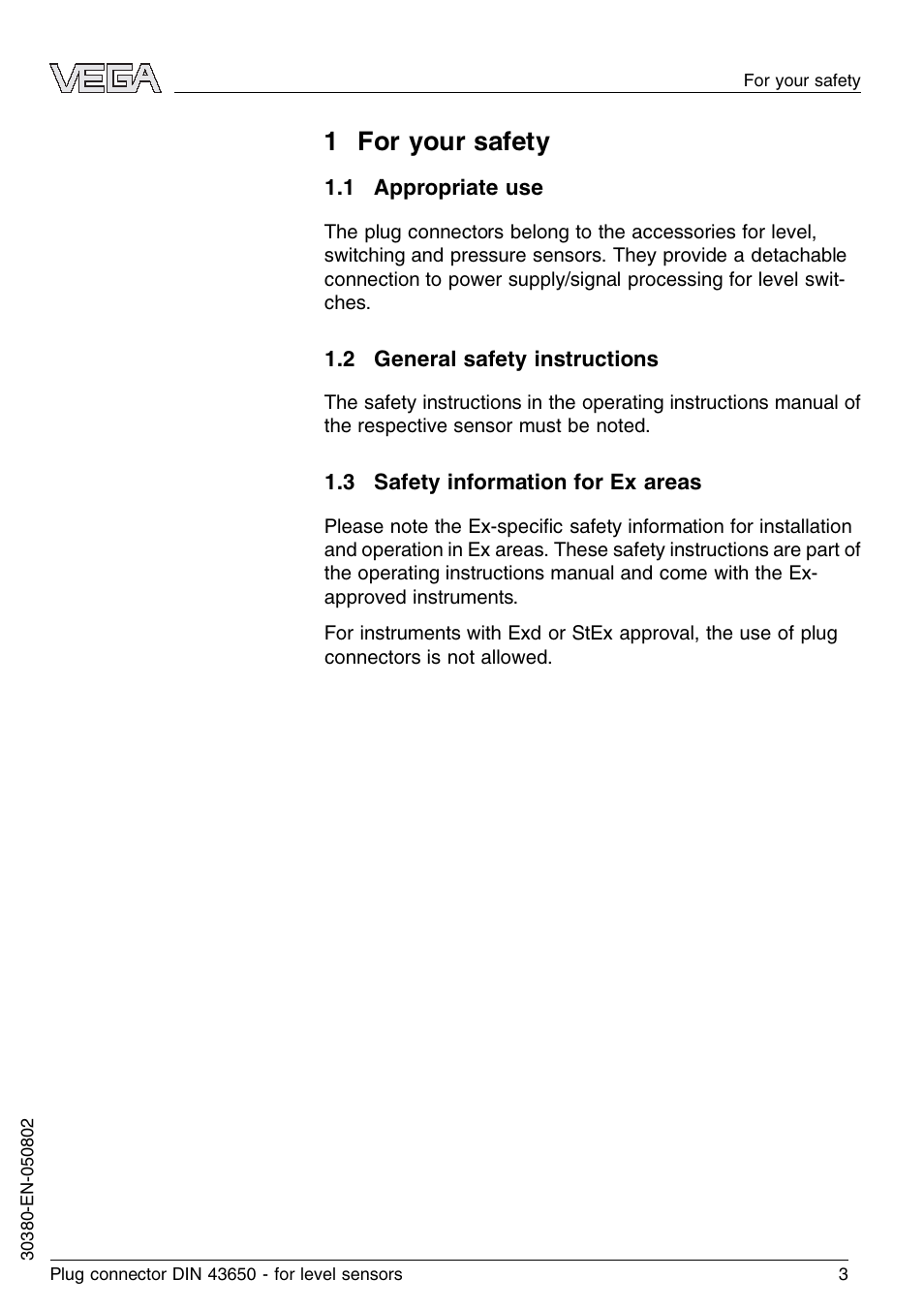 1 for your safety, 1 appropriate use, 2 general safety instructions | VEGA Plug connector DIN 43650 for level sensors User Manual | Page 3 / 8