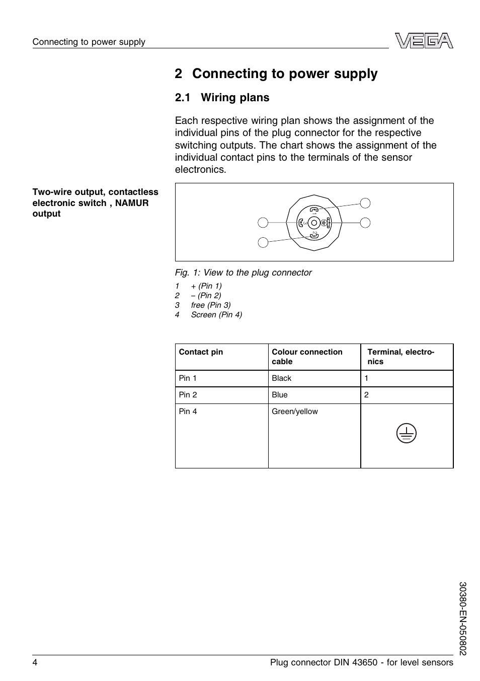 2 connecting to power supply, 1 wiring plans | VEGA Plug connector DIN 43650 for level sensors User Manual | Page 4 / 8