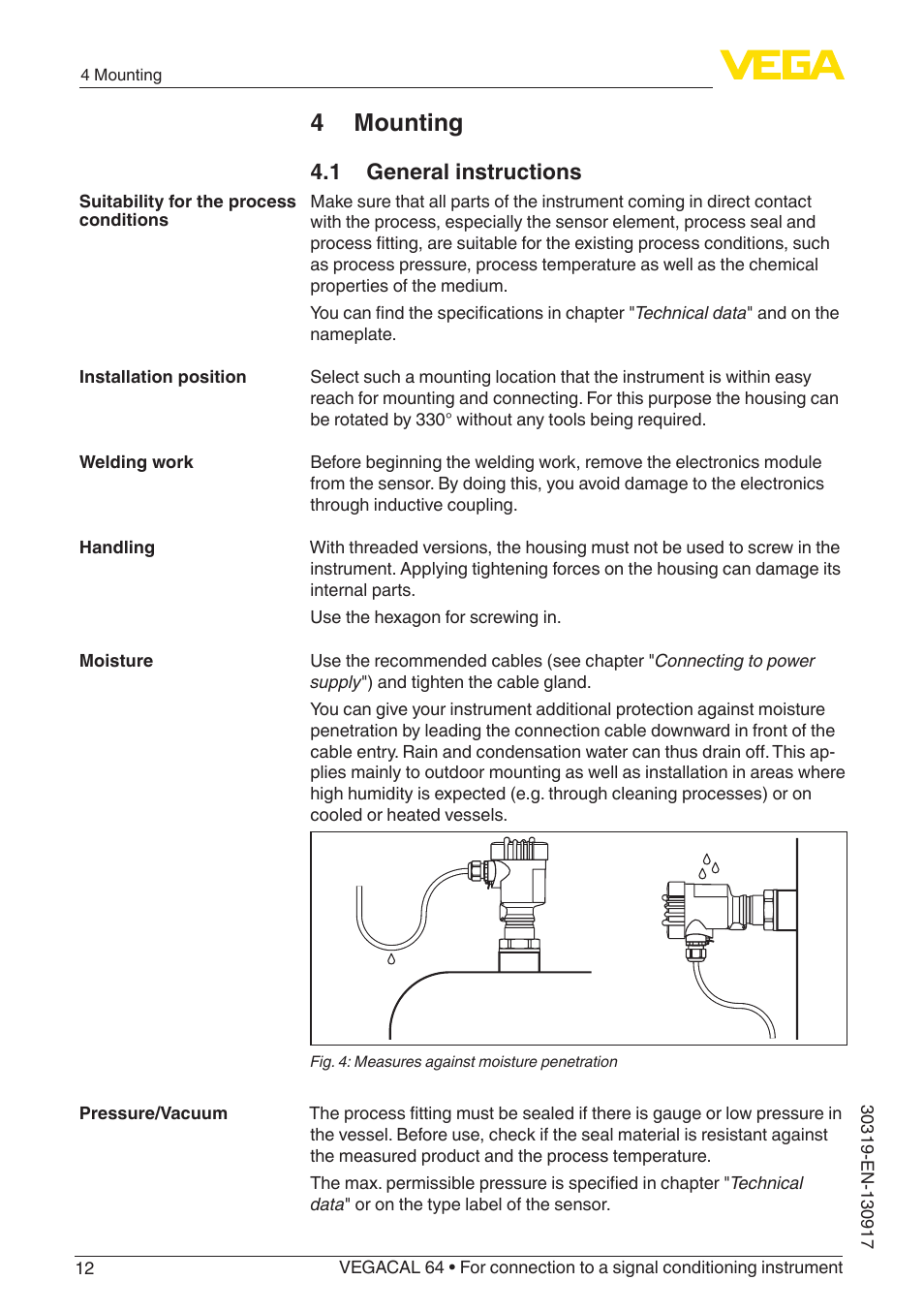 4 mounting, 1 general instructions | VEGA VEGACAL 64 For connection to a signal conditioning instrument User Manual | Page 12 / 36