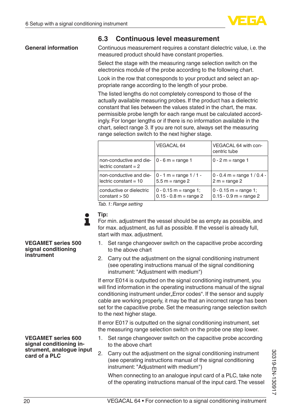 3 continuous level measurement | VEGA VEGACAL 64 For connection to a signal conditioning instrument User Manual | Page 20 / 36