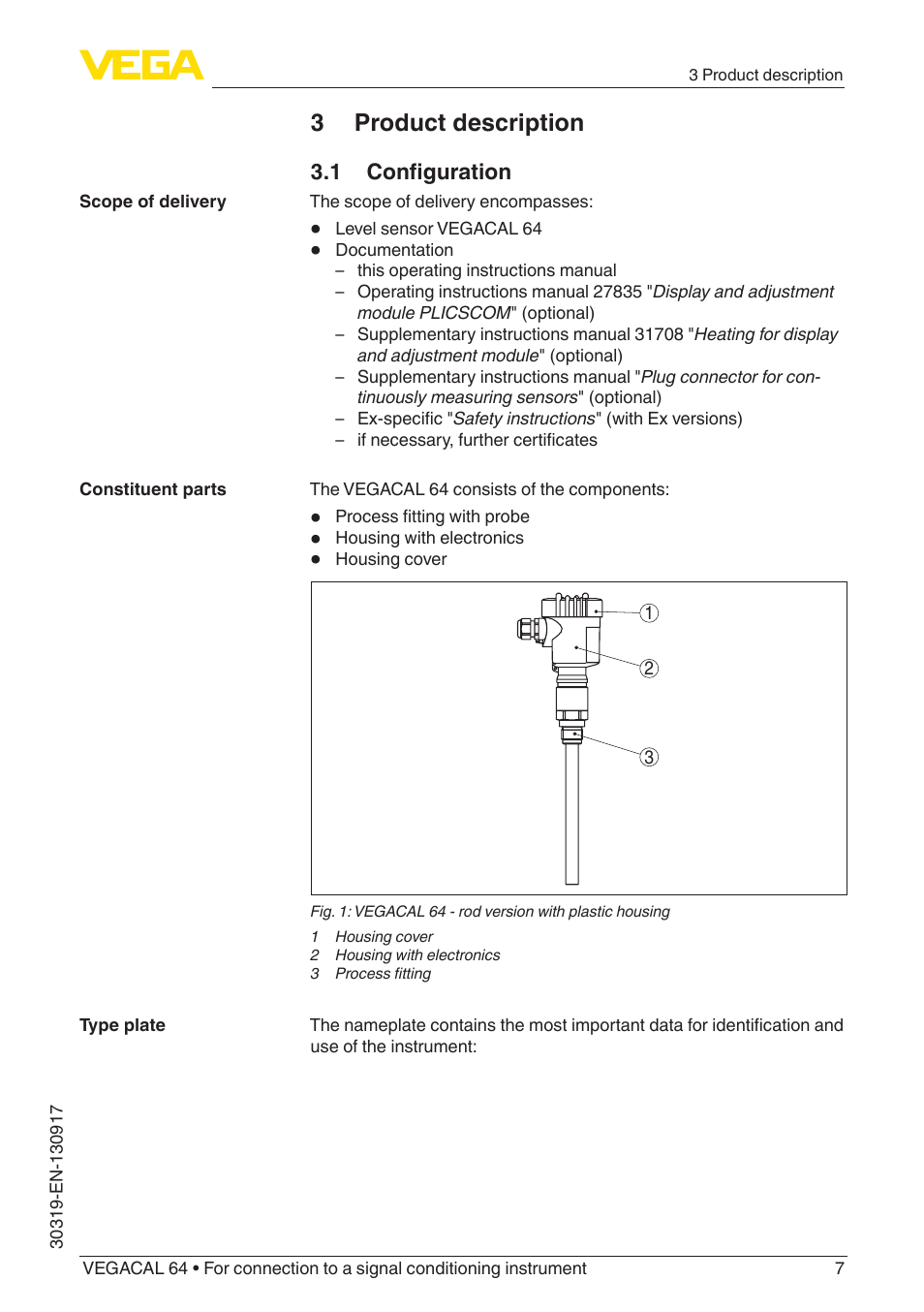 3 product description, 1 configuration | VEGA VEGACAL 64 For connection to a signal conditioning instrument User Manual | Page 7 / 36