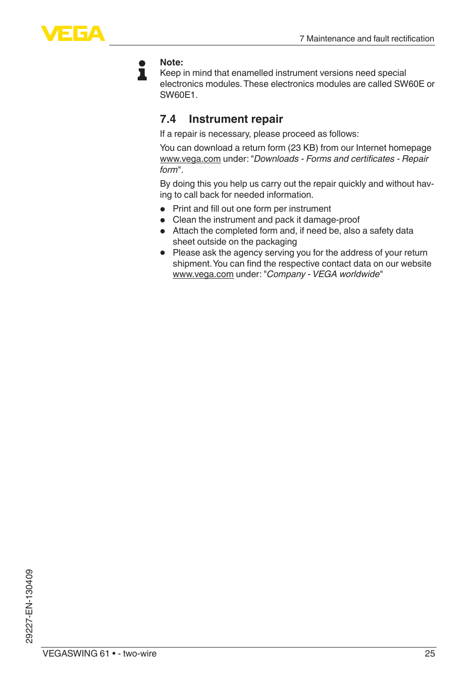 VEGA VEGASWING 61 - two-wire User Manual | Page 25 / 40