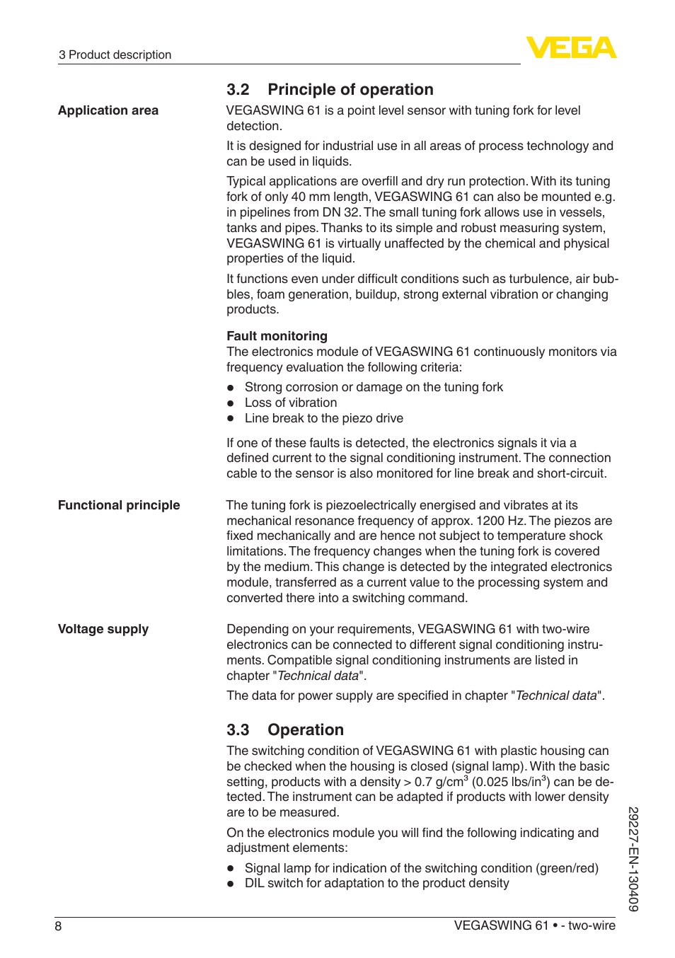 VEGA VEGASWING 61 - two-wire User Manual | Page 8 / 40