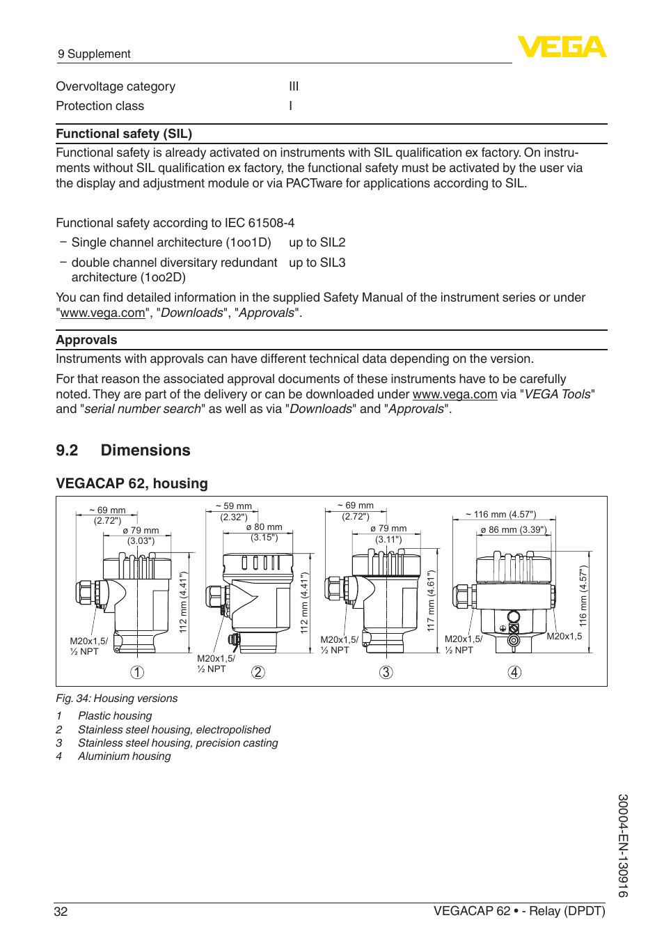 2 dimensions, Vegacap 62, housing | VEGA VEGACAP 62 - Relay (DPDT) User Manual | Page 32 / 40